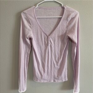 American Eagle Ribbed Pointelle Henley Top M Light Pink Long Sleeve Coquette